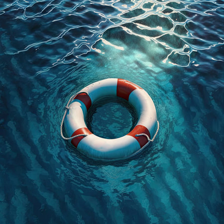 Life buoy on a blue choppy water. Rescue on the sea. Generative AIの写真素材