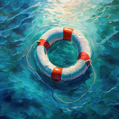 Life buoy on a blue choppy water. Rescue on the sea. Generative AIの写真素材