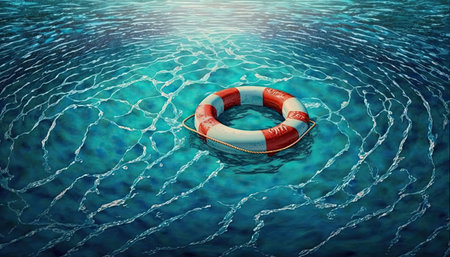 Life buoy on a blue choppy water. Rescue on the sea. Generative AIの写真素材