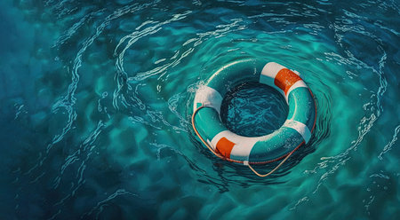 Life buoy on a blue choppy water. Rescue on the sea. Generative AIの写真素材