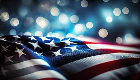 Celebratory fireworks on the background of the US flag. Independence day. Generative AIの写真素材