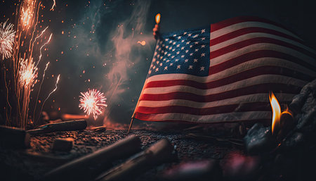 Celebratory fireworks on the background of the US flag. Independence day. Generative AIの写真素材
