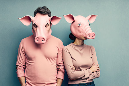Man and woman with pig head on a blue background. Problems in the marriage. Generative AIの写真素材