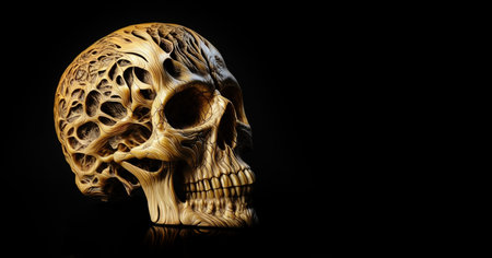 Beautifully intricate wood carving of light pine skull. Black background. Generative AIの写真素材