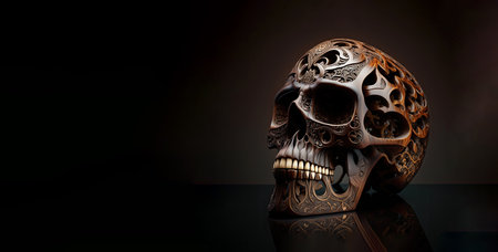 Beautifully intricate wood carving of a black waln skull. Dark background. Generative AI