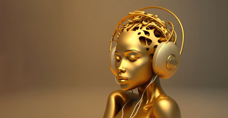 Illustration of a female humanoid robot with headphones enjoying and feeling the music on gold...