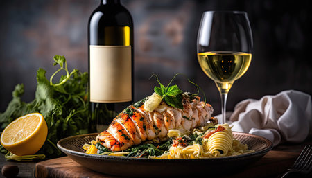 Gourmet lobster on a plate. White wine to go with the seafood. Recipe with many ingredients. Generative AIの写真素材