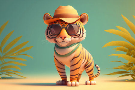 A cartoon tiger with sunglasses on its head and a backpack on a colorful background. Generative AIの写真素材