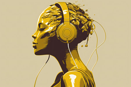 Illustration of a female humanoid robot with headphones enjoying and feeling the music on gold background. Generative AIの写真素材