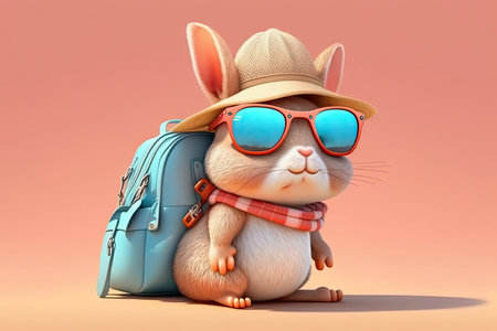 Backpacker bunny wearing brown hat and sunglasses on a colorful background. Generative AIの写真素材