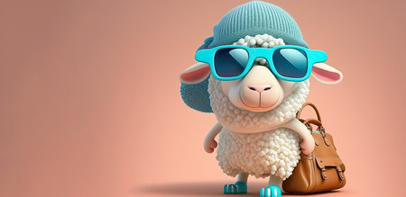 Traveler sheep wearing blue hat and sunglasses on a pink background. Generative AIの写真素材