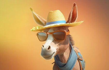 Donkey wearing sunglasses and straw hat on a colorful background. Generative AIの写真素材