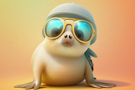 Image of a funny baby seal wearing sunglasses on a colored background. Marine animals concept. Generative AIの写真素材