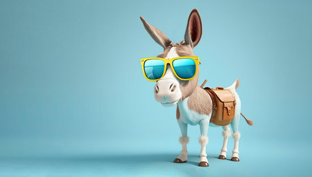 Donkey wearing yellow sunglasses on a blue background. Generative AIの写真素材