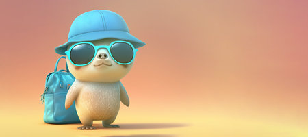 Traveler seal wearing blue hat and sunglasses on a colorful background. Generative AI