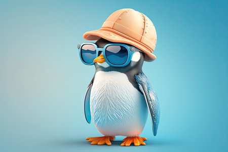 Image of a funny baby penguin wearing sunglasses on a colored background. Marine animals concept. Generative AIの写真素材
