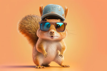 Image of a funny squirrel wearing sunglasses on an orange background. Animals concept. Generative AIの写真素材