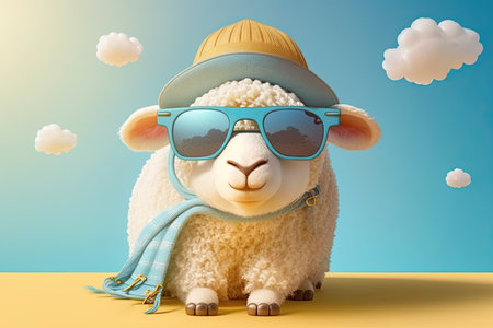 Image of a funny sheep wearing sunglasses on a blue background. Animals concept. Generative AIの写真素材