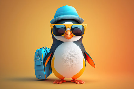 Traveler penguin wearing blue hat and sunglasses on an orange background. Generative AIの写真素材
