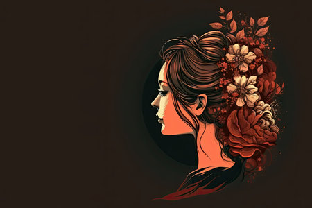 Beautiful female profile. Pretty woman with a cute hairstyle with flowers on a dark background. Generative AIの写真素材