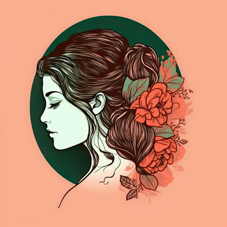 Beautiful female profile. Pretty woman with a cute hairstyle with flowers on a colored background. Generative AIの写真素材