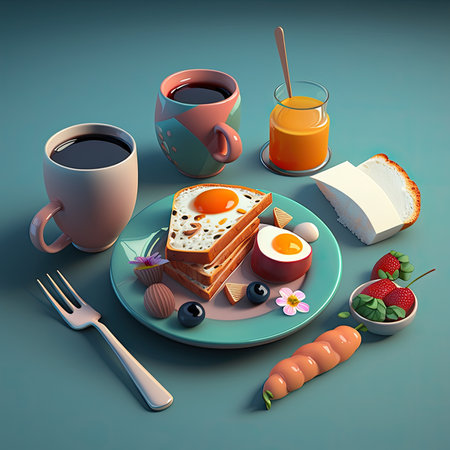Delicious breakfast on a blue background. Healthy nutrition. Generative AIの写真素材