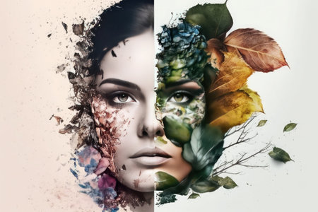 Abstract contemporary art collage portrait of a woman with flowers. Generative AIの素材