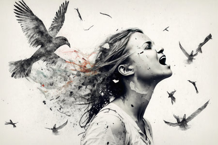 Concept of freedom. Birds flying around someone isolated on a white background. Generative AIの素材