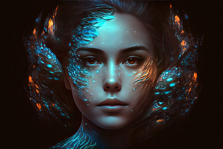 Beautiful illuminated symmetrical woman face. Beauty concept. Generative AIの素材