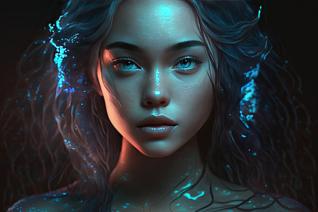 Beautiful illuminated symmetrical woman face. Beauty concept. Generative AIの素材