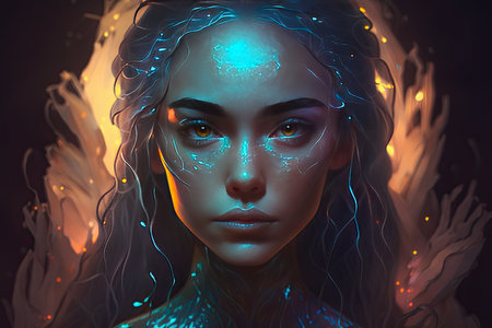 Beautiful illuminated symmetrical woman face. Beauty concept. Generative AIの素材