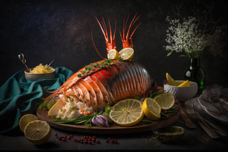 Gourmet lobster on a plate. Recipe with many ingredients. Generative AIの素材