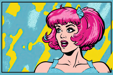 Pretty girl cartoon illustration in pop art style. Emotional woman with pink hair. Generative AIの素材