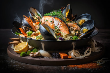 Gourmet salmon steak with broccoli on a plate. Recipe with many ingredients. Generative AIの素材