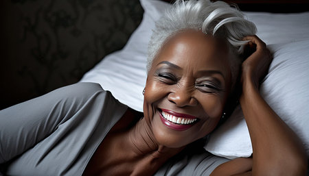 Sincere smile of an exultant mature woman with white hair waking up in bed. Generative AIの素材