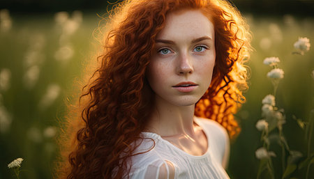 Beautiful woman with long and curly hair in the landscape. Generative AIの素材