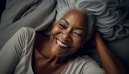 Sincere smile of an exultant mature woman with white hair waking up in bed. Generative AIの素材