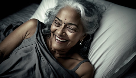 Sincere smile of an exultant mature woman with white hair waking up in bed. Generative AIの素材