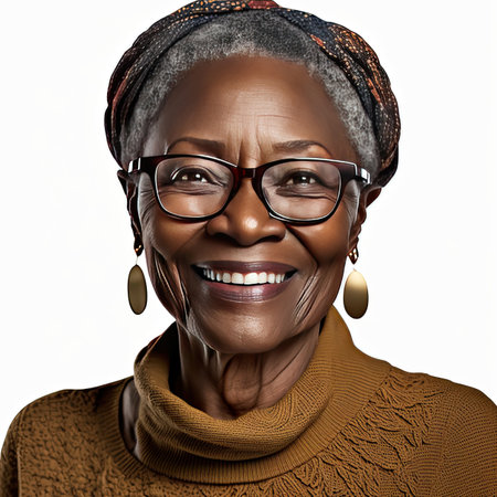 Portrait of happy smiling middle aged Black African American woman person isolated on white background. Generative AIの素材