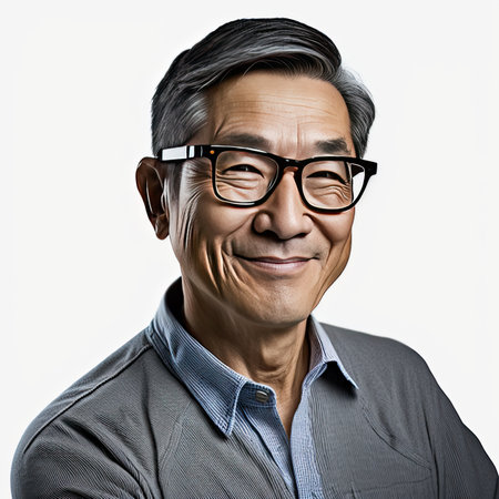Portrait of happy smiling middle aged business Chinese man person isolated on white background. Generative AIの素材