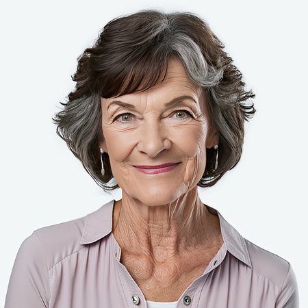 Portrait of happy smiling middle aged Caucasian woman person isolated on white background. Generative AIの素材