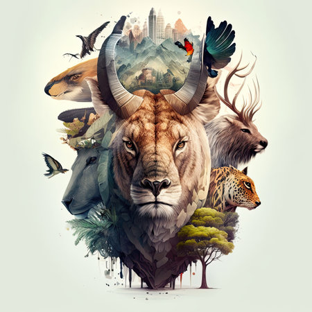 Animal Kingdom Diversity. Illustration of Different Species Coexisting in a Vibrant Ecosystem. Generative AIの素材