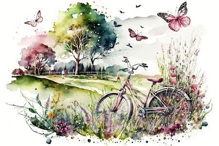 Bright landscape view with spring meadow, a bicycle and green grass. Generative AIの素材