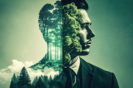 Concept of environment caring devotion shown. Businessman and forest double exposure. Generative AIの素材