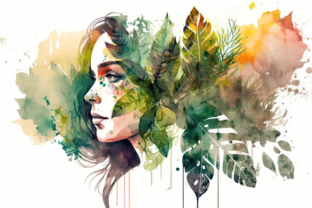 Portrait woman with a plants and leaves. Colorful creative illustration. Generative AIの素材