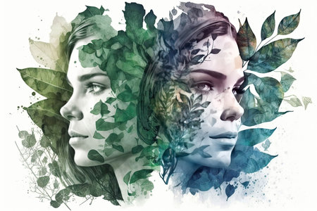 Portrait woman with a plants and leaves. Colorful creative illustration. Generative AIの素材