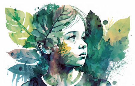 Portrait child with a plants and leaves. Colorful creative illustration. Generative AIの素材