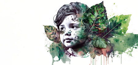 Portrait child with a plants and leaves. Colorful creative illustration. Generative AIの素材