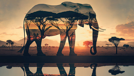 African landscape in silhouette of an elephant. Generative AIの素材