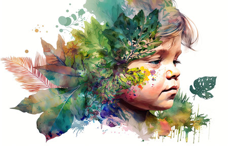 Portrait child with a plants and leaves. Colorful creative illustration. Generative AIの素材